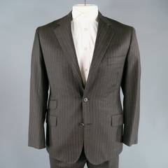 HERMES Men's 42 Regular Charcoal Pinstriped Wool 2 Button 3 Flap Pocket Suit