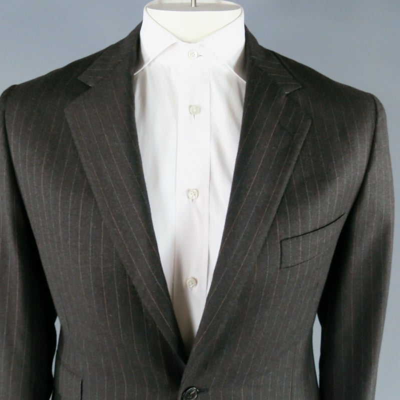 Black HERMES Men's 42 Regular Charcoal Pinstriped Wool 2 Button 3 Flap Pocket Suit