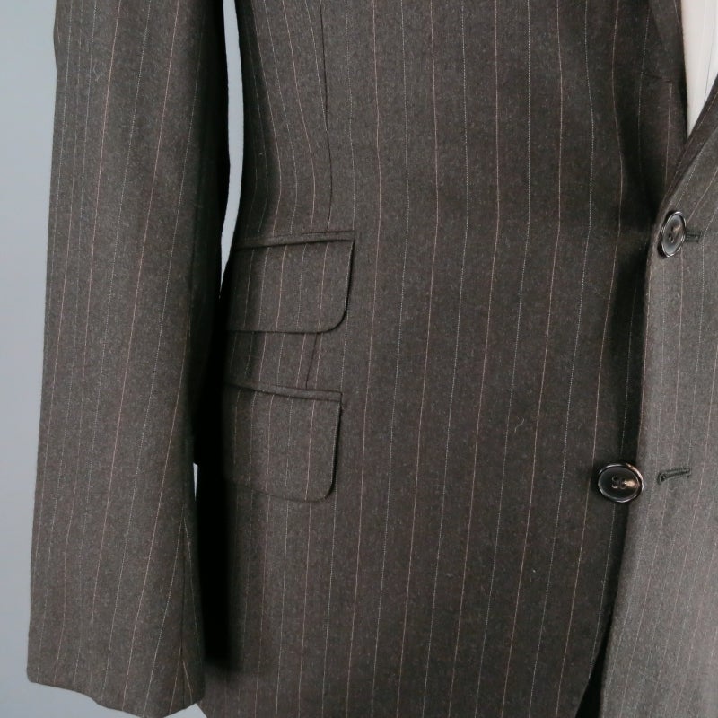 HERMES Men's 42 Regular Charcoal Pinstriped Wool 2 Button 3 Flap Pocket Suit In Excellent Condition In San Francisco, CA