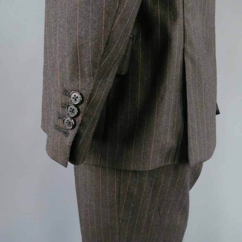 HERMES Men's 42 Regular Charcoal Pinstriped Wool 2 Button 3 Flap Pocket Suit 2