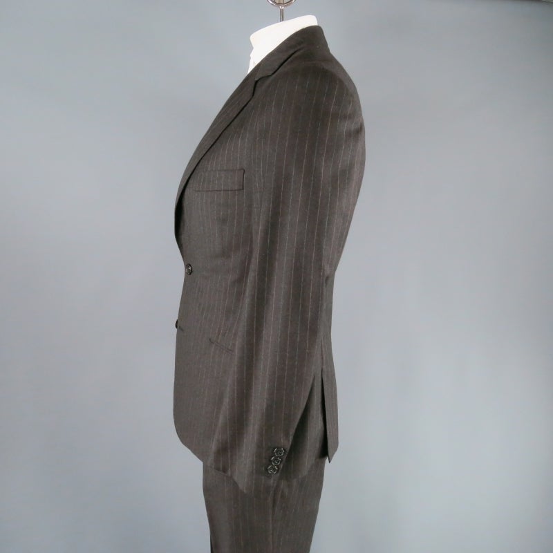 HERMES Men's 42 Regular Charcoal Pinstriped Wool 2 Button 3 Flap Pocket Suit 1