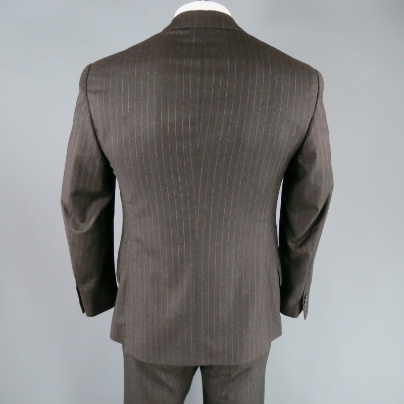 HERMES Men's 42 Regular Charcoal Pinstriped Wool 2 Button 3 Flap Pocket Suit 3