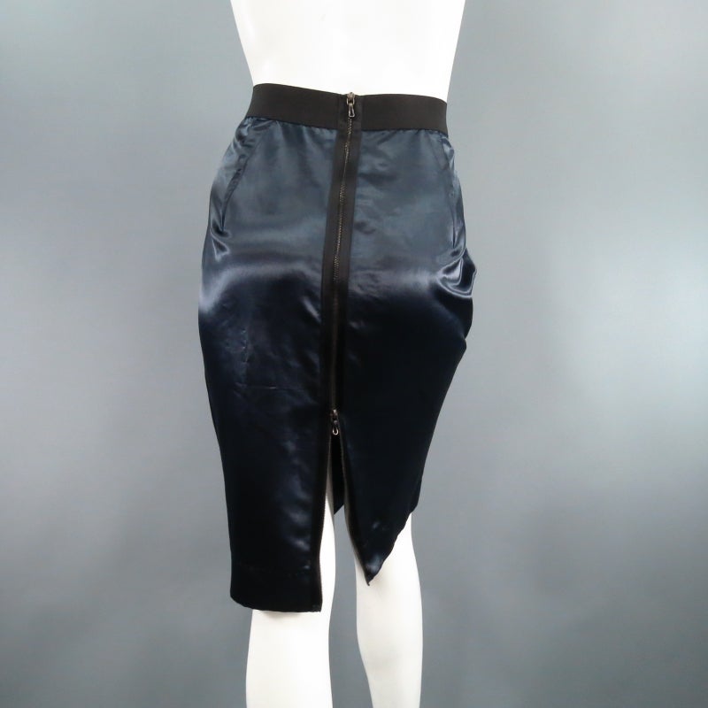 Black LANVIN Size 8 Navy Structured Satin Exposed Back Zip Pencil Skirt