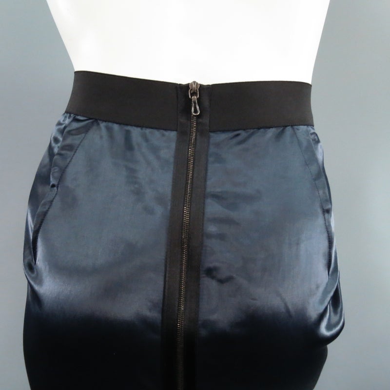 Women's LANVIN Size 8 Navy Structured Satin Exposed Back Zip Pencil Skirt