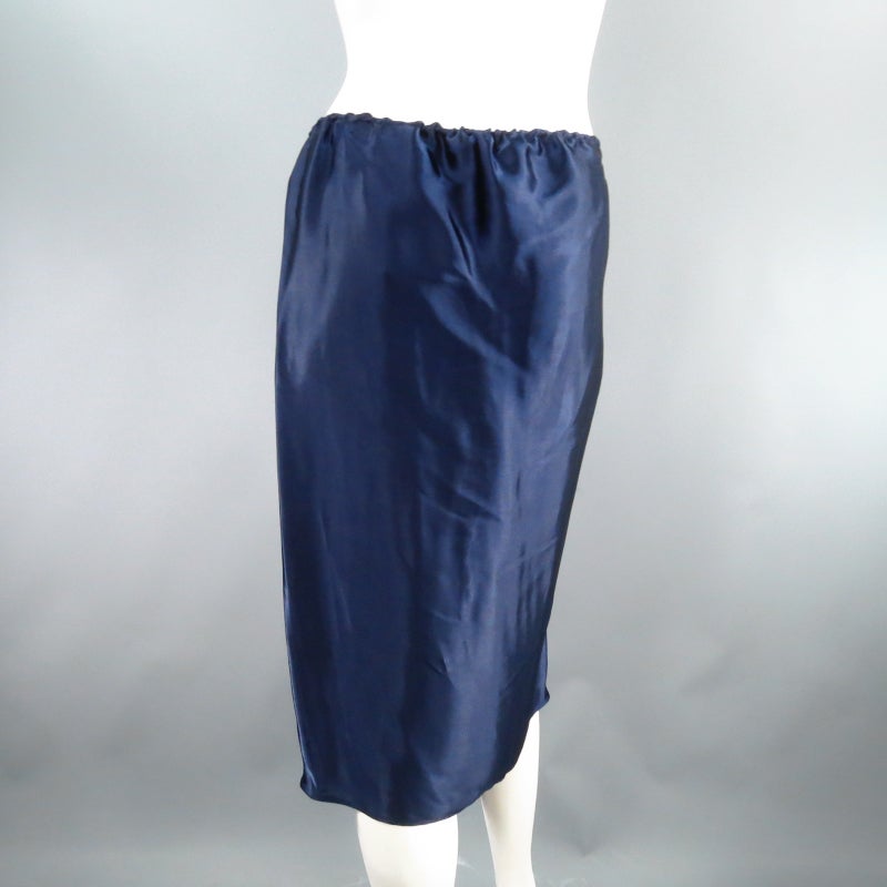 LANVIN Size 8 Navy Satin Elastic Drawstring Cord Skirt In Excellent Condition In San Francisco, CA