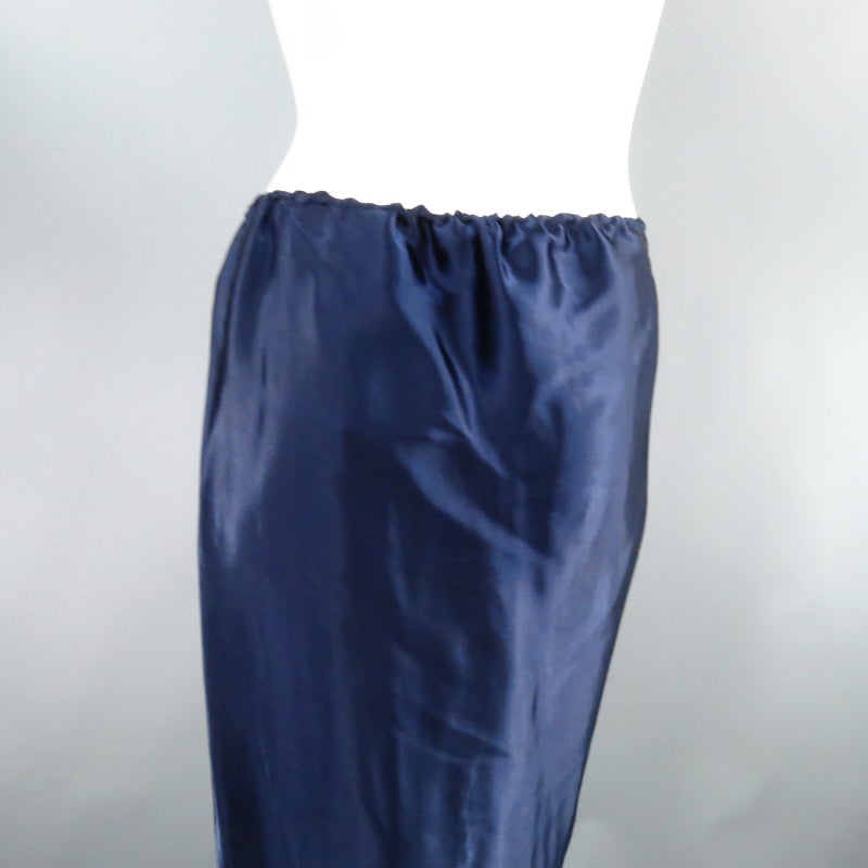 LANVIN Size 8 Navy Satin Elastic Drawstring Cord Skirt 1