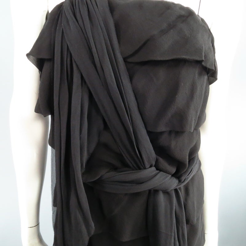 LANVIN Size 8 Black Silk Tiered Ruffle Draped Tie Flounced Cocktail Dress 2007 2