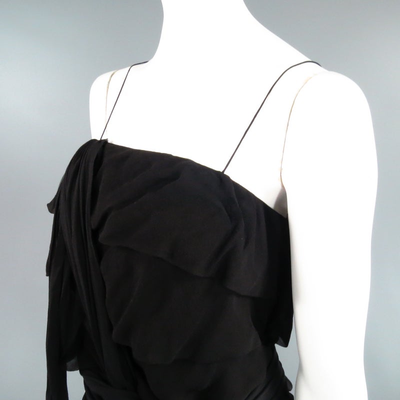 Women's LANVIN Size 8 Black Silk Tiered Ruffle Draped Tie Flounced Cocktail Dress 2007