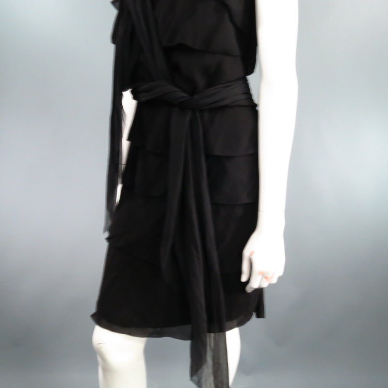 LANVIN Size 8 Black Silk Tiered Ruffle Draped Tie Flounced Cocktail Dress 2007 1