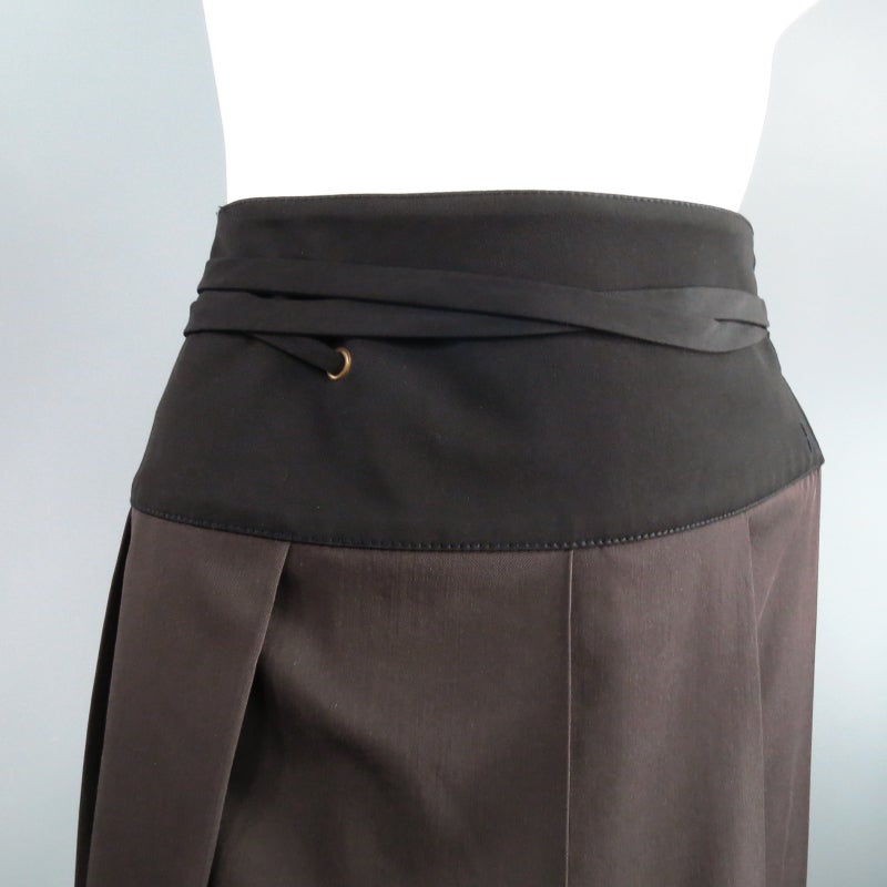 LANVIN Size 6 Taupe Wool Box Pleated Wrap Tie Skirt In Excellent Condition In San Francisco, CA