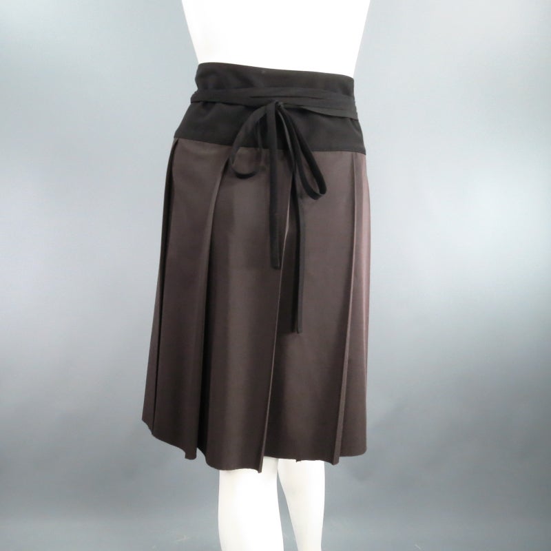 Black LANVIN Size 6 Taupe Wool Box Pleated Wrap Tie Skirt