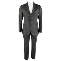 LUIGI BORRELLI Men's 40 Regular Charcoal PinStriped Wool Notch Lapel Patch Suit