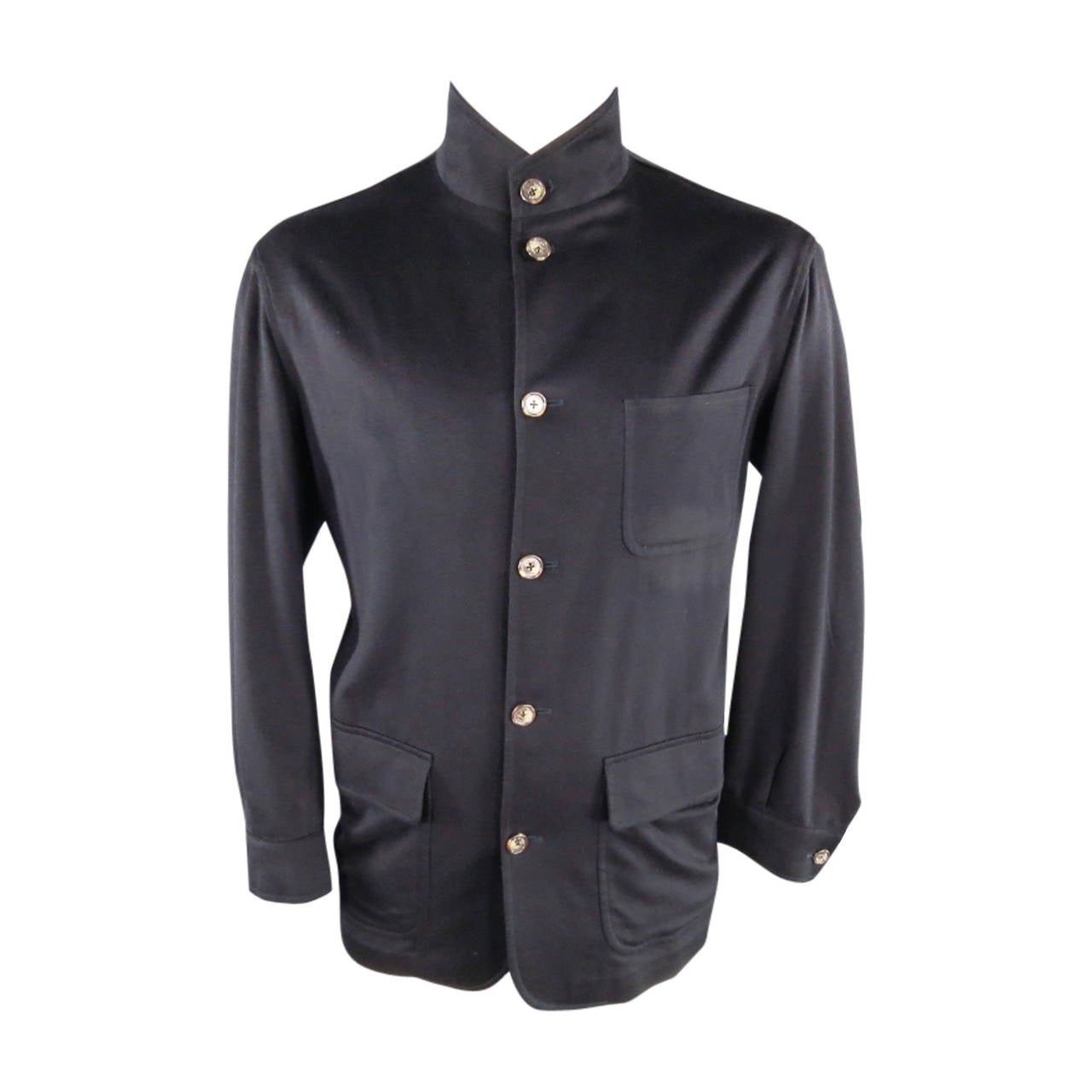 LORO PIANA Men's 40 Navy Cashmere Button Up High Collar Military Jacket