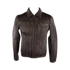 PRADA 38 Brown Chevron Texture Embroidered Leather Collared Zip Jacket