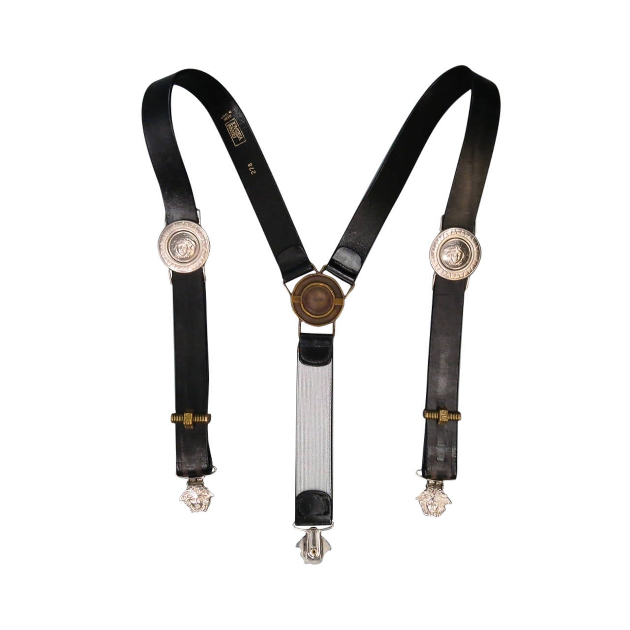 GIANNI VERSACE Black Leather Gold / Silver Tone Medusa Hardware Suspenders