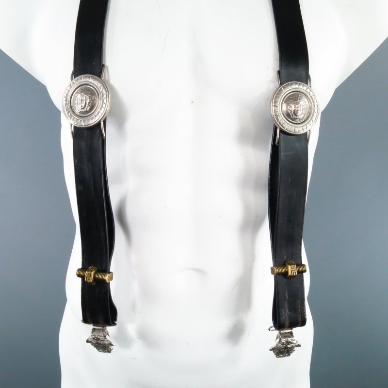 Women's or Men's GIANNI VERSACE Black Leather Gold / Silver Tone Medusa Hardware Suspenders