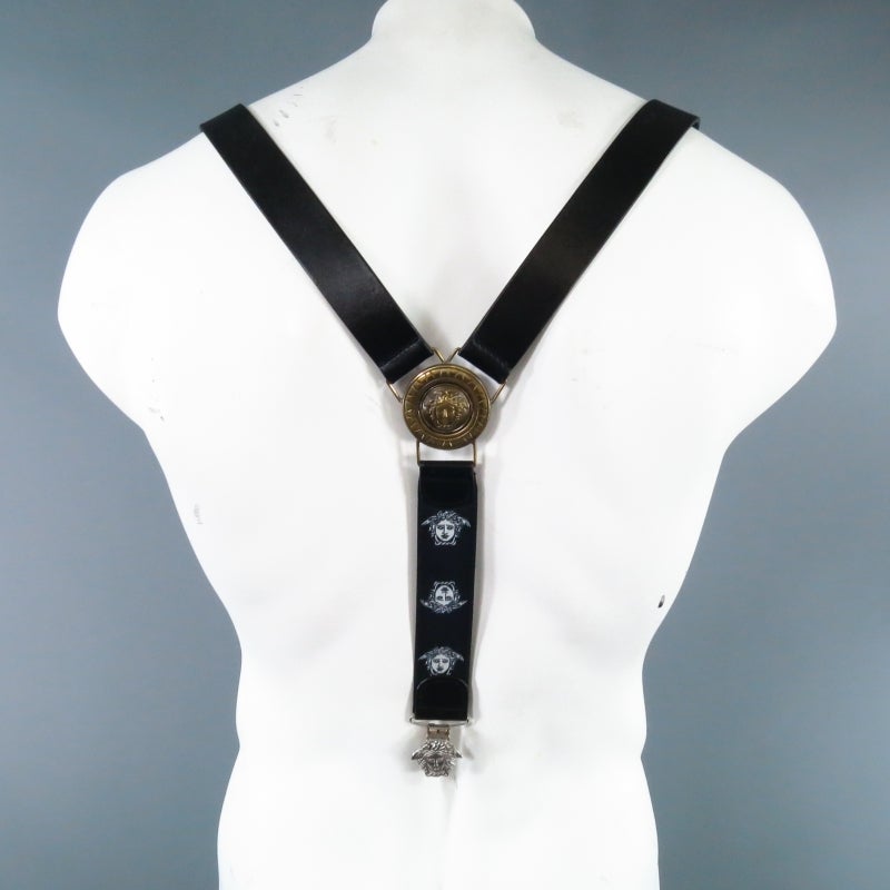 GIANNI VERSACE Black Leather Gold / Silver Tone Medusa Hardware Suspenders 2