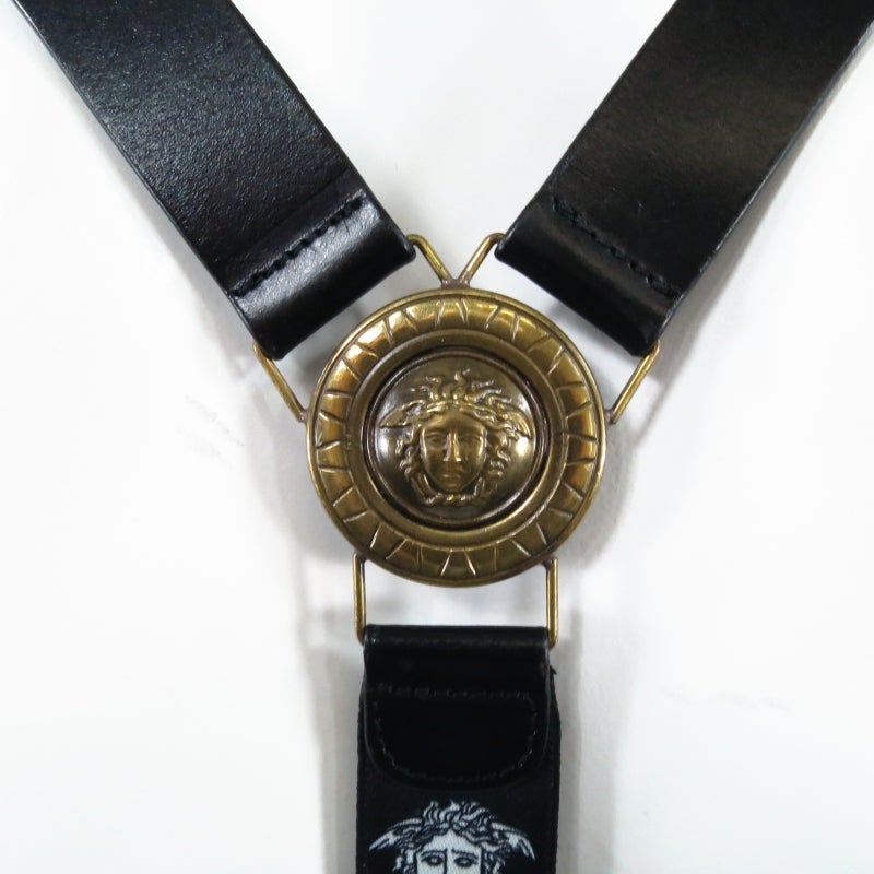 GIANNI VERSACE Black Leather Gold / Silver Tone Medusa Hardware Suspenders 1