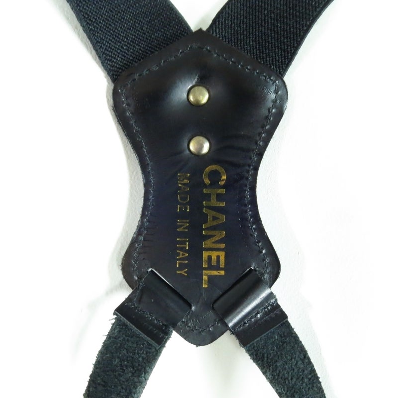 Vintage CHANEL Black Logo Suspenders with Gold Hardware 2