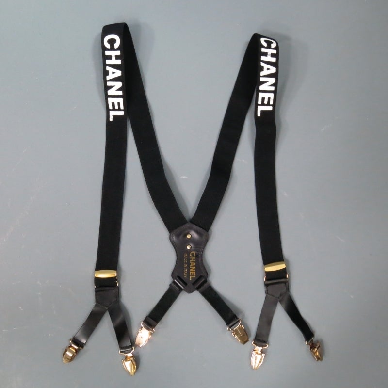 Vintage CHANEL Black Logo Suspenders with Gold Hardware 1