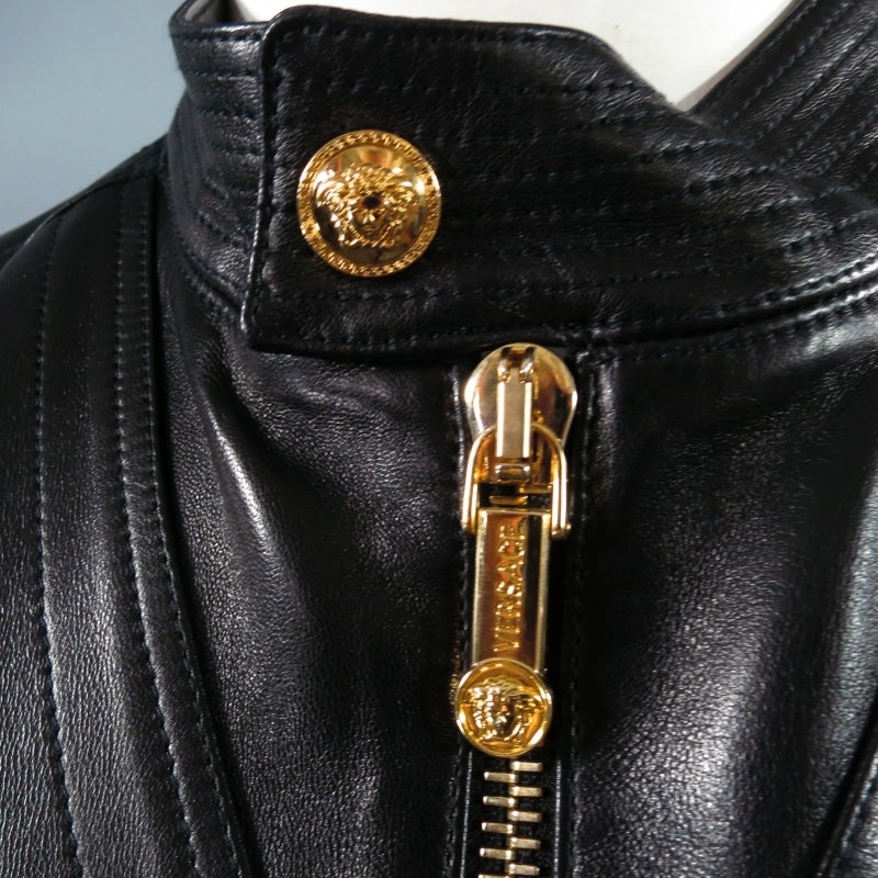 VERSACE 42 Black Leather Motorcylce Jacket with Gold Medusa Hardware at