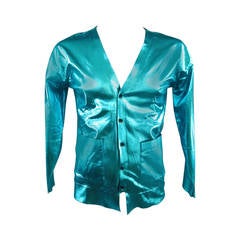 BURBERRY PRORSUM Size M Metallic Blue Foil Coated Silk Cardigan Spring 2013