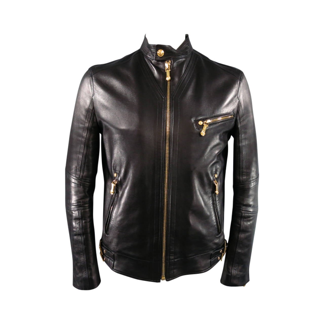 VERSACE 42 Black Leather Motorcylce Jacket with Gold Medusa Hardware at
