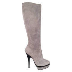 YSL Size 8 Gray Suede Stacked Platform Knee High Boots