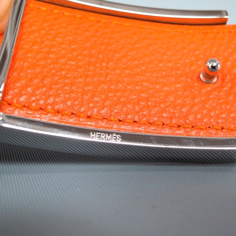 New HERMES Brown & Orange Two Tone Leather Reversable Silver H Buckle Belt 2