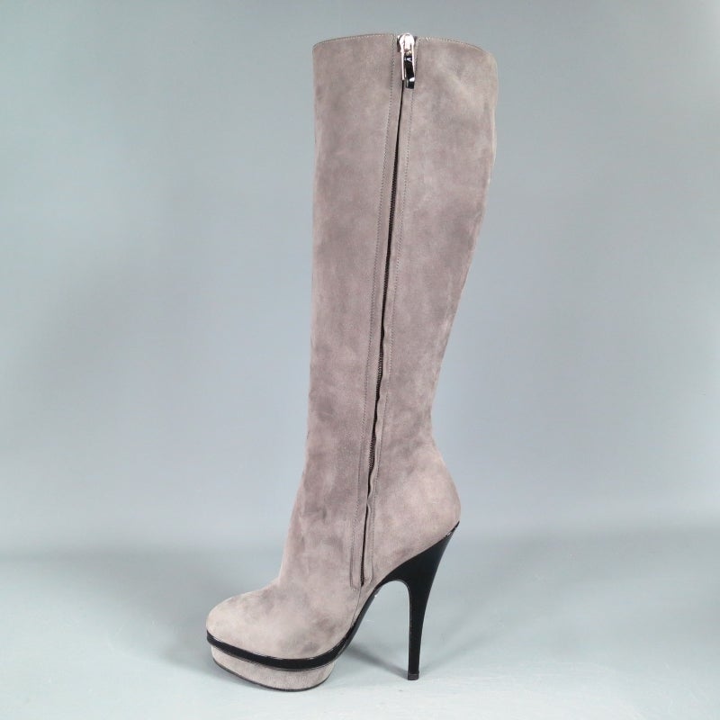 YSL Size 8 Gray Suede Stacked Platform Knee High Boots 4
