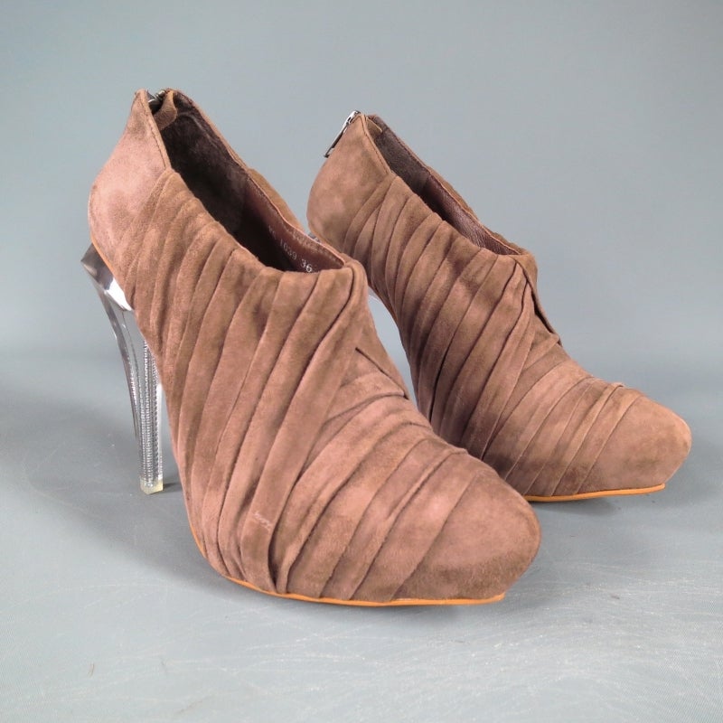 ALEXANDER WANG Size 6 NATASHA Brown Pleated Suede Cleer Heel Booties 1