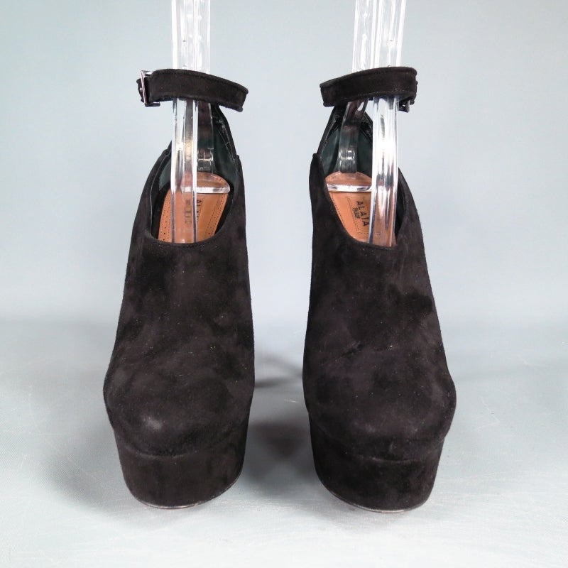 Women's ALAIA Size 8 Black Suede Ankle Strap Platform Booties