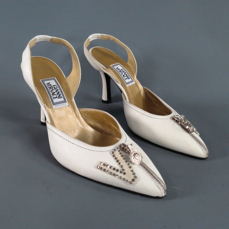 GIANNI VERSACE Size 7.5 White Leather Slingback Rhinestone V Medusa Zip Pumps In New Condition In San Francisco, CA