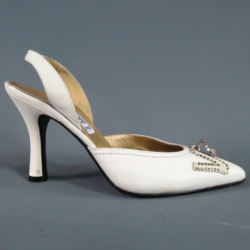 GIANNI VERSACE Size 7.5 White Leather Slingback Rhinestone V Medusa Zip Pumps