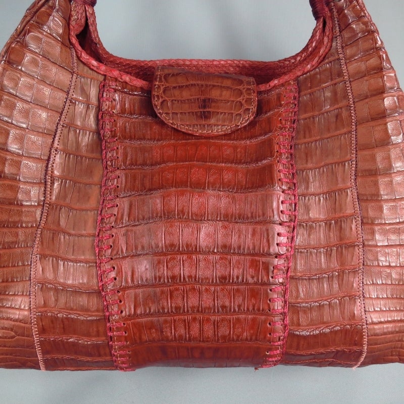 Women's CARLOS FALCHI Muted Burgundy Marsala Alligator Woven Shoulder Bag