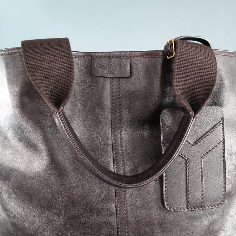 Gray YVES SAINT LAURENT Brown Leather Luggage Tag Tote Bag