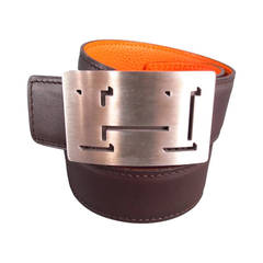 New HERMES Brown & Orange Two Tone Leather Reversable Silver H Buckle Belt