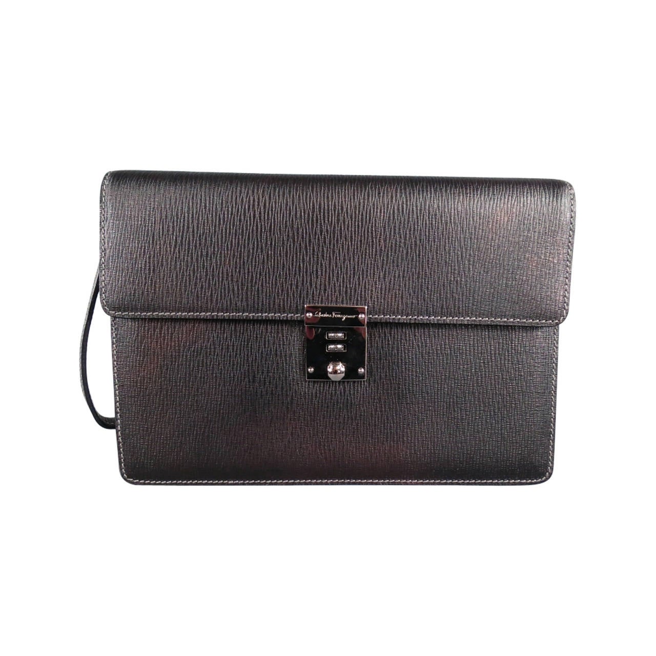 SALVATORE FERRAGAMO Black Textured Leather Wristlet Clutch Bag