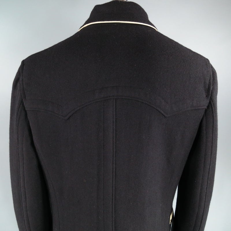 JEAN PAUL GAULTIER 42 Black Wool Blend Leather Trim Coat 4