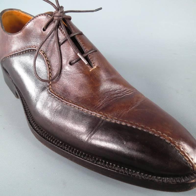 Tanino Crisci Lace Up Shoes consists of leather material in a brown color tone. Designed with a two-toned color appearance, contrast stitching borders between these two tones with a light and dark brown leather. Three eyelet vamp section with brown