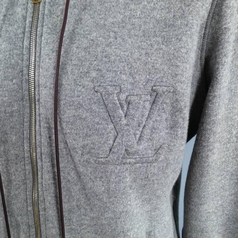LOUIS VUITTON 40 Gray Wool / Camel Embossed LV Logo Hoodie Jacket at 1stdibs