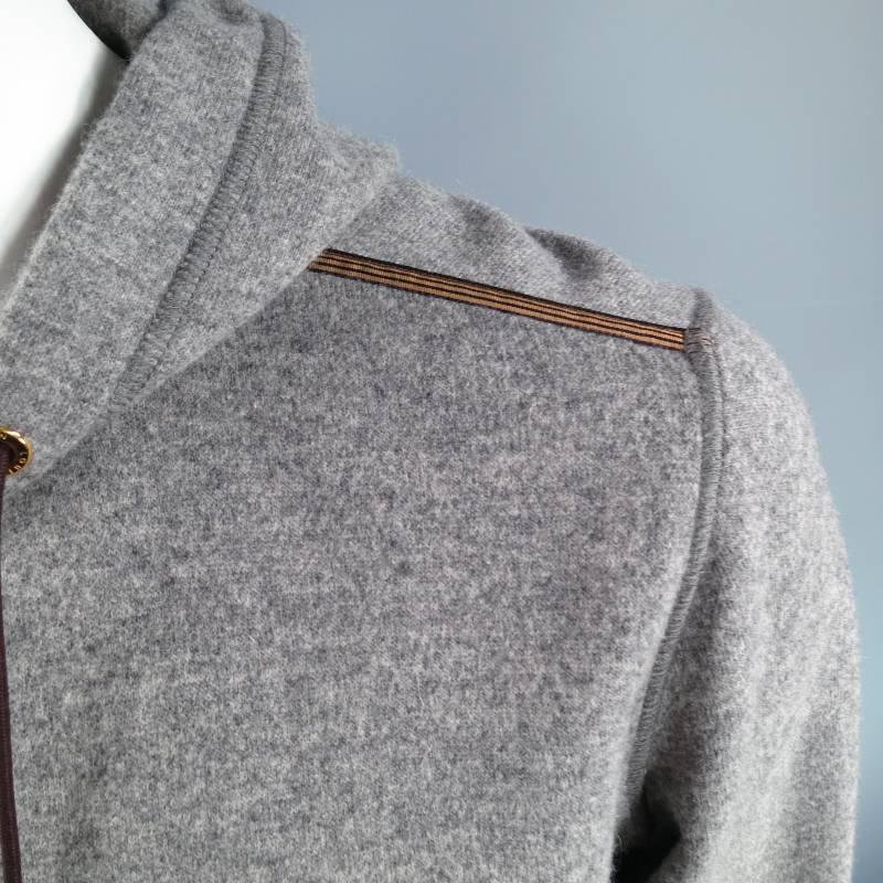 LOUIS VUITTON 40 Gray Wool / Camel Embossed LV Logo Hoodie Jacket In Excellent Condition In San Francisco, CA