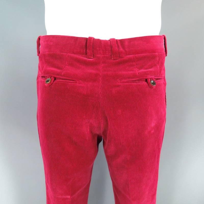 Gorgeous Fall Winter dress pants by TOM FORD. This classic style comes in a lovely bold red burgundy color corduroy and features button and hook waist closure, side pockets, buttoned back pockets, and plenty of room to let out the waist. Made in