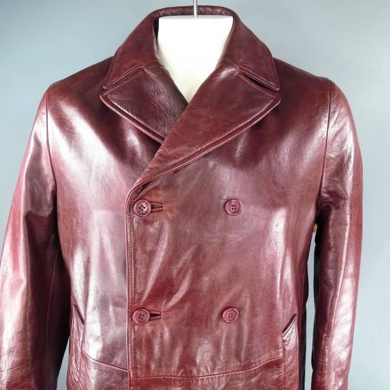 DOLCE and GABBANA Men's 38 Burgundy Leather Double Breasted Pea Coat ...