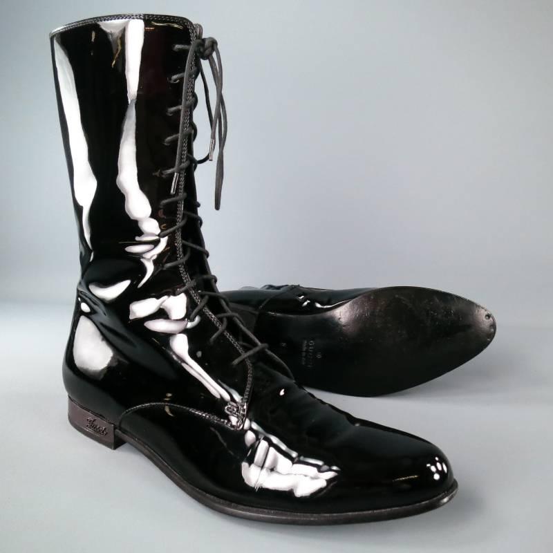 GUCCI Size 9.5 Black Patent Leather High Collar Lace Up / Zipper Boots 6