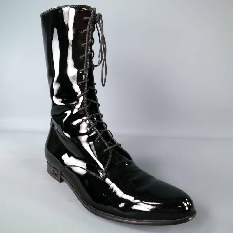 GUCCI Size 9.5 Black Patent Leather High Collar Lace Up / Zipper Boots In Excellent Condition In San Francisco, CA