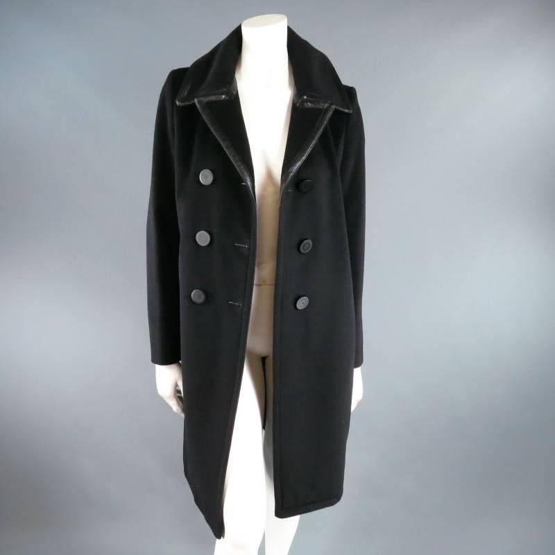BALENCIAGA Size 10 Black Virgin Wool Blend Leathe Piping Pea Coat 1