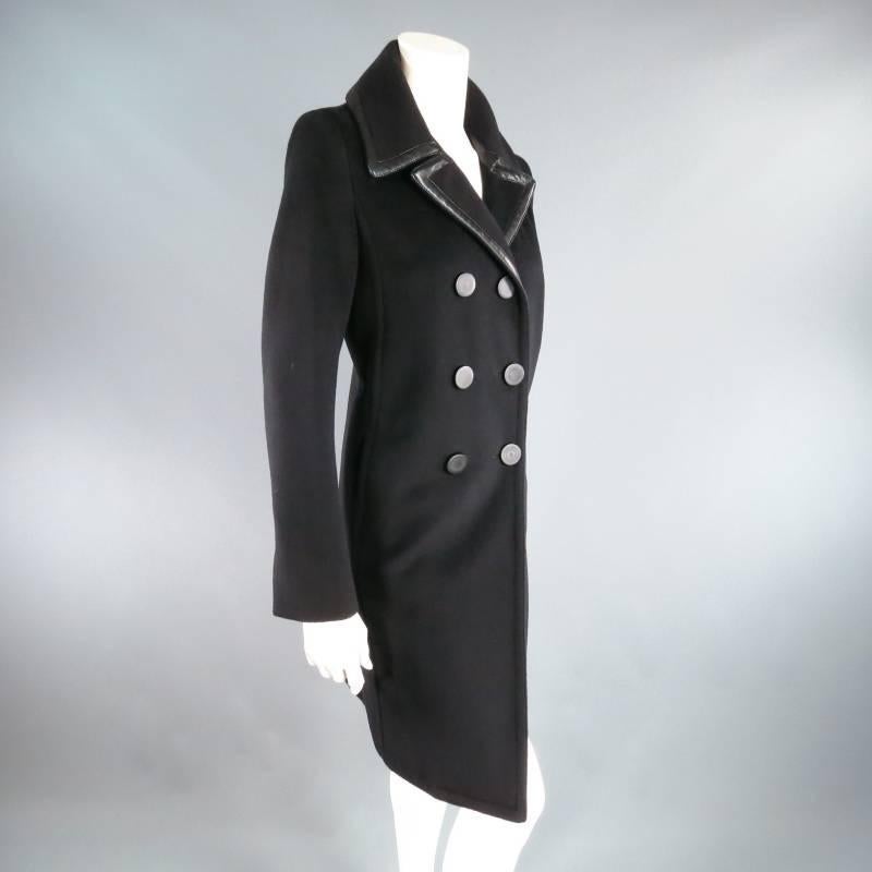 Women's BALENCIAGA Size 10 Black Virgin Wool Blend Leathe Piping Pea Coat