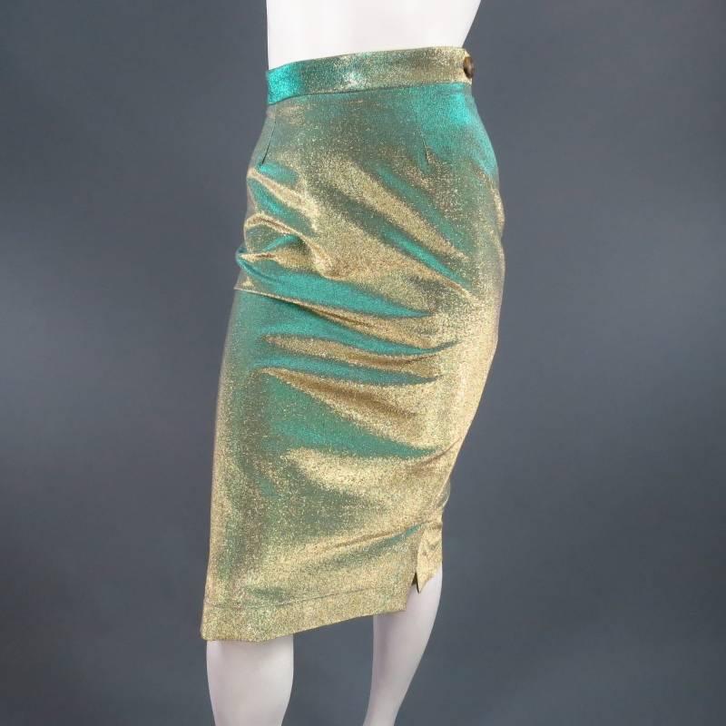 Women's VIVIENNE WESTWOOD Anglomania Size 8 Green & Gold Sparkle Lurex Pencil Skirt