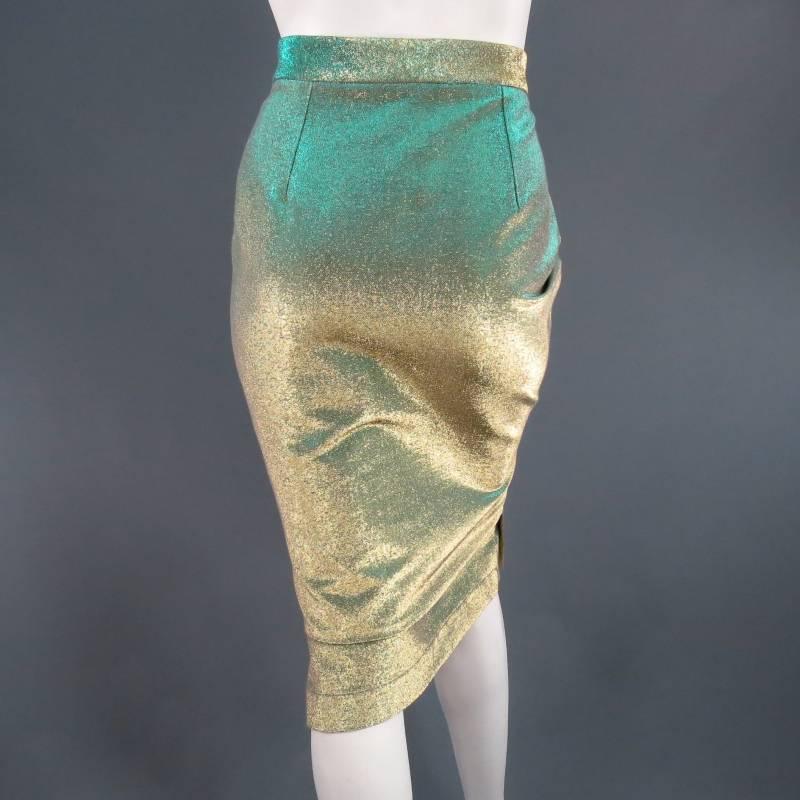 Fabulous ANGLOMANIA by VIVIENNE WESTWOOD pencil skirt. This style comes in a gorgeous iridescent aqua green and gold metallic sparkle Lurex stretch knit and features a side zip, waist darts, and mini side slits. Matching jacket available